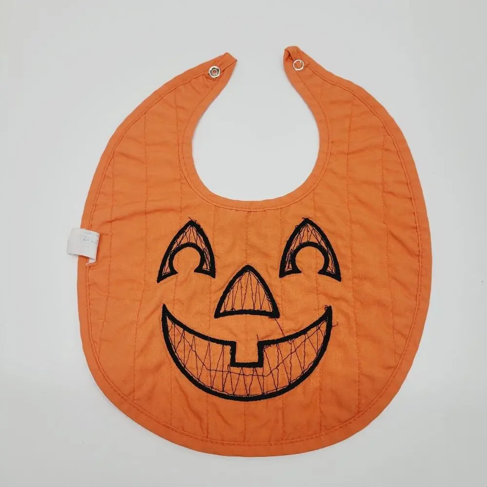 Vtg 1995 Pumpkin Jack-O-Lantern Playskool Baby Bib Snap Closure Cloth Embroidery